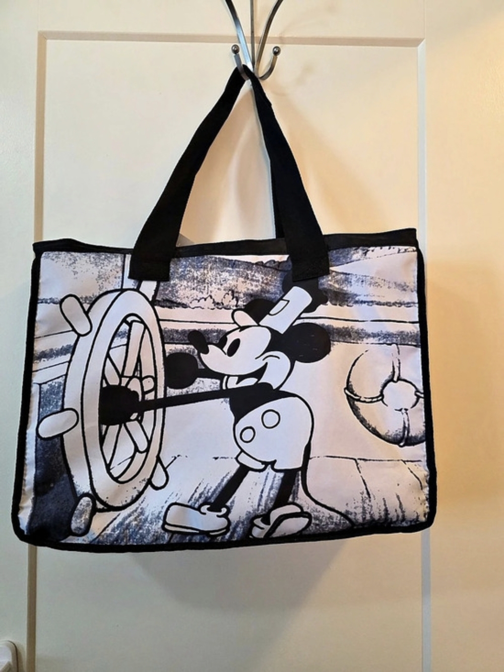 Disney Black & White Steamboat Willie Mickey Canvas Tote NWT